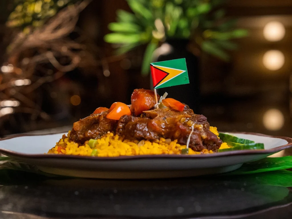 Braised Caribbean meat served over seasoned yellow rice with the Guyana flag